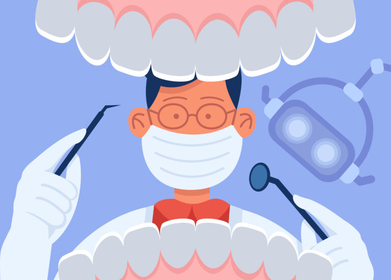 Cartoon dentist in mask examining open mouth of patient. Doctor with instruments looking at healthy white teeth at dental checkup flat vector illustration. Oral hygiene, dentistry concept for banner